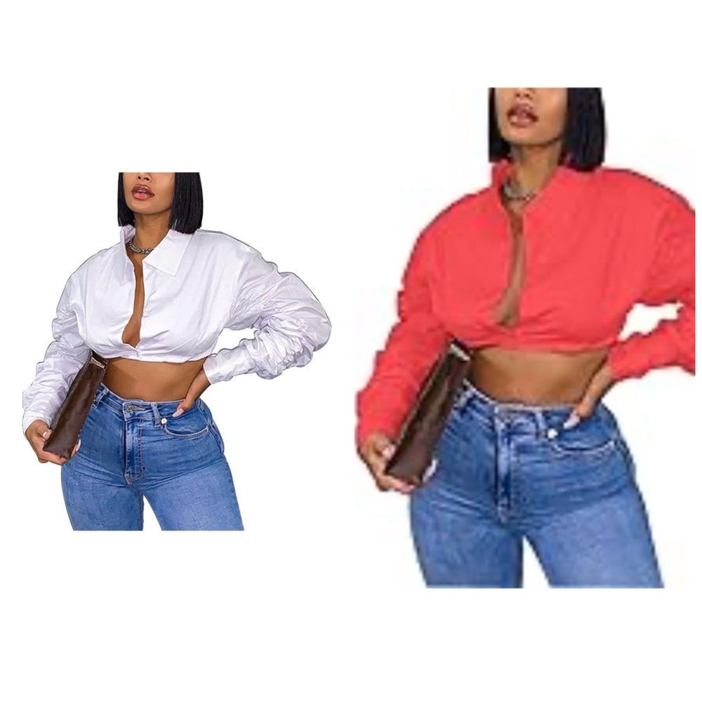 Azhong Women's Collared Puff Long Sleeve Deep V Neck Crop Top Shirt Size Large